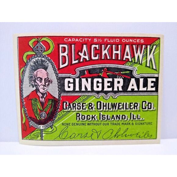 Blackhawk Mohawk Punk Rock Man Ginger Ale Sola Label Original Vintage 1940's - Picture 4 of 4